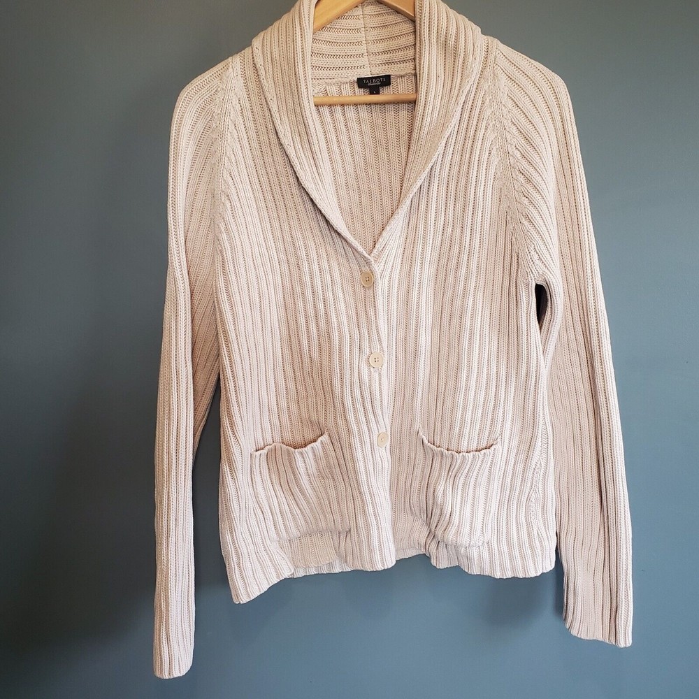 Talbots Women's Sz L Cardigan Sweater Ivory Heavyweight Ribbed Button Up Pockets